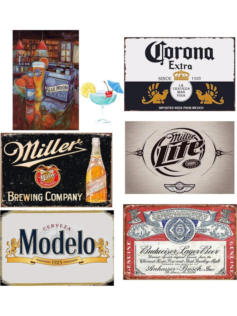 Vintage Metal Beer Signs Set - 6-Piece Wall Decor for Man Cave & Home Bar